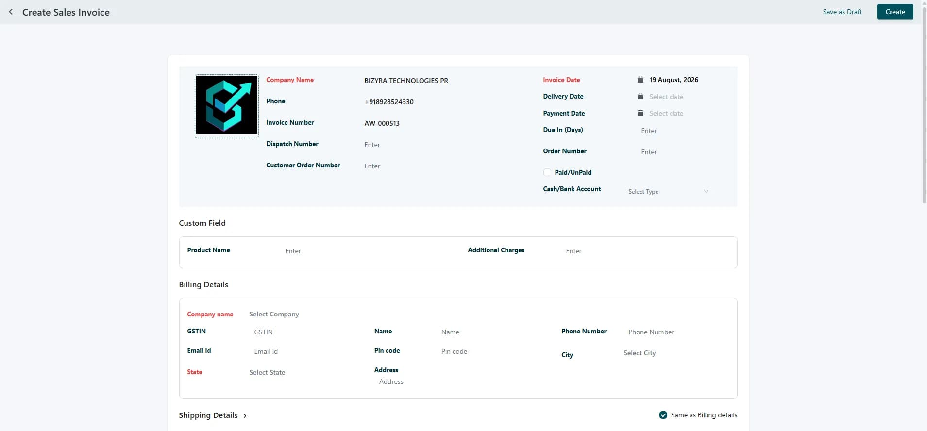 Billing Details & footer extras