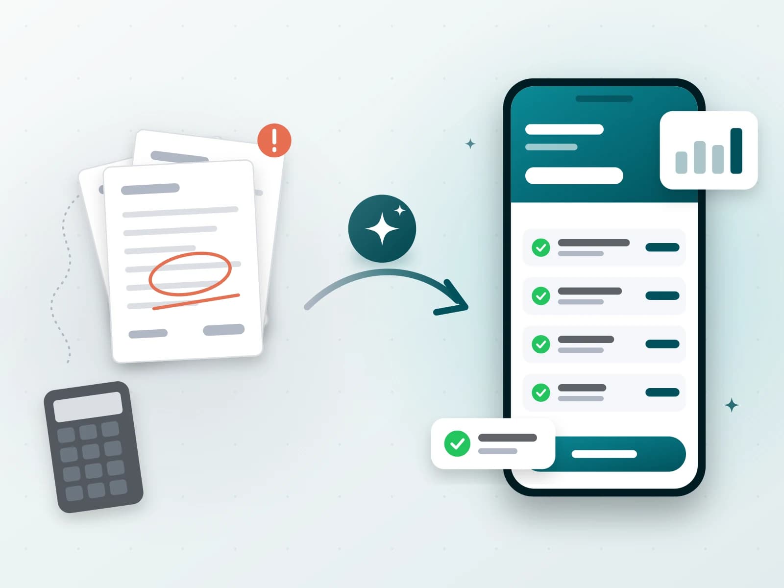 Illustration of paper bills turning into a clean digital invoice with Billoxy